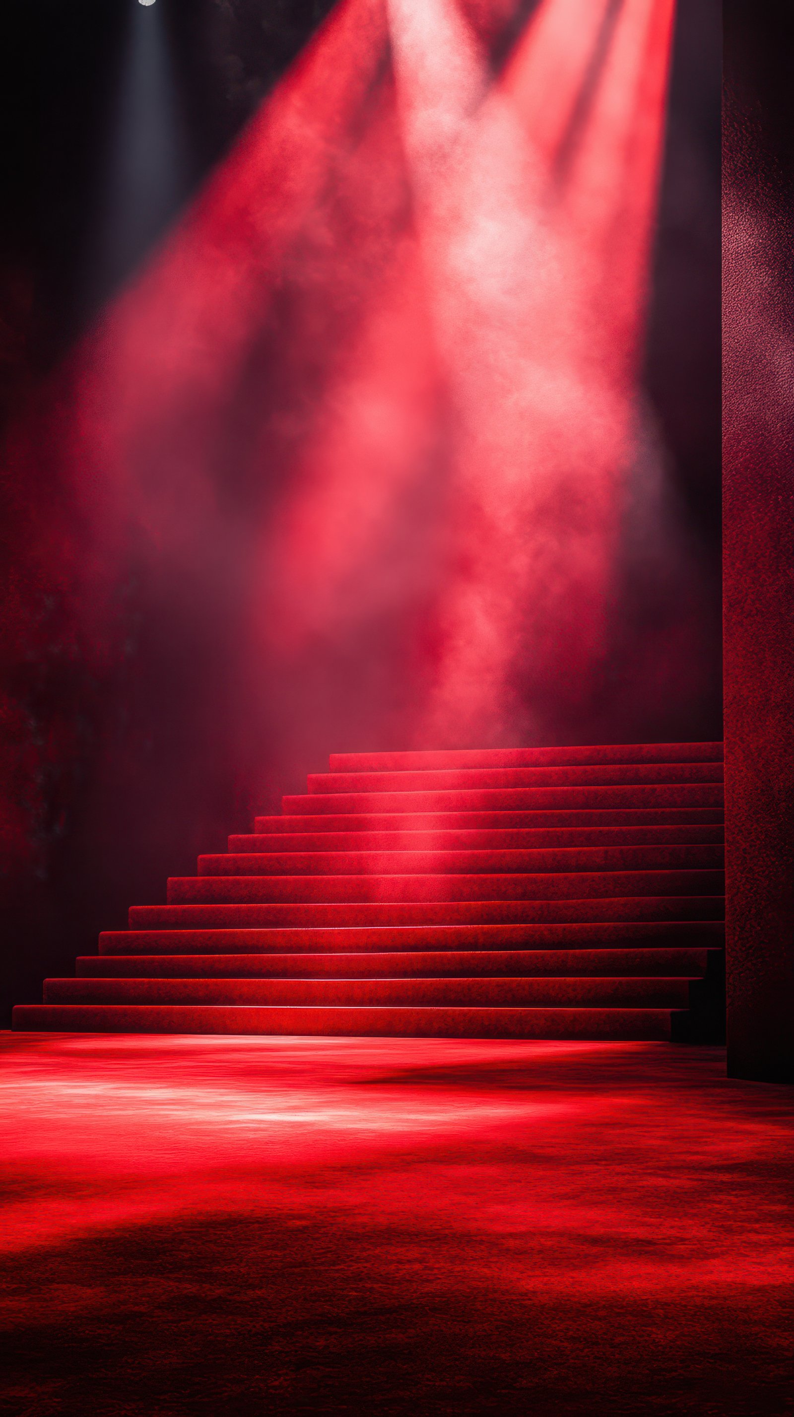 Stage illuminated by red lights creates a dramatic atmosphere for a performance in an indoor venue